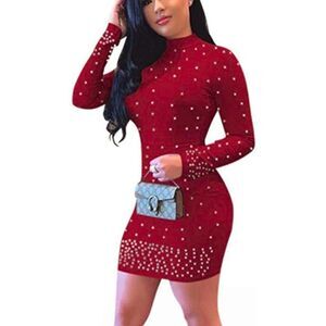 Pearls Embellished Nightclub Bodycon Christmas Party Red Dress SIZE XL NEW